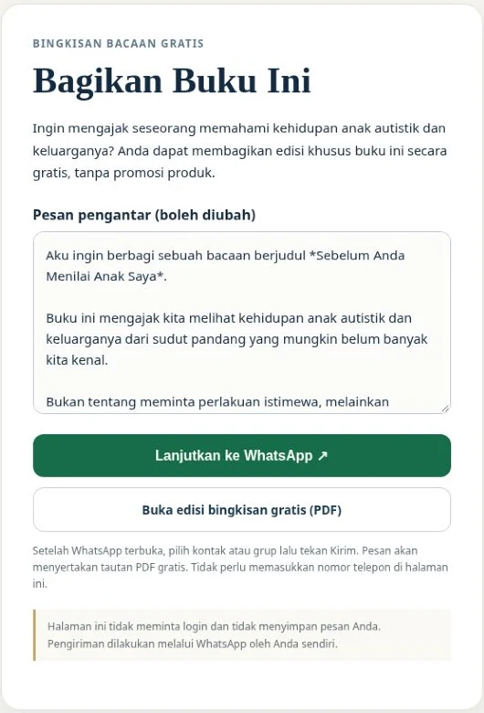 Screenshot fasilitas Bagikan Buku Ini dengan pesan pengantar dan tombol WhatsApp